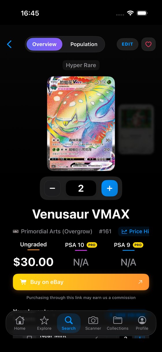 Card page for a Chinese Venusaur VMAX showing its set, number and ungraded, PSA 10 and PSA 9 prices