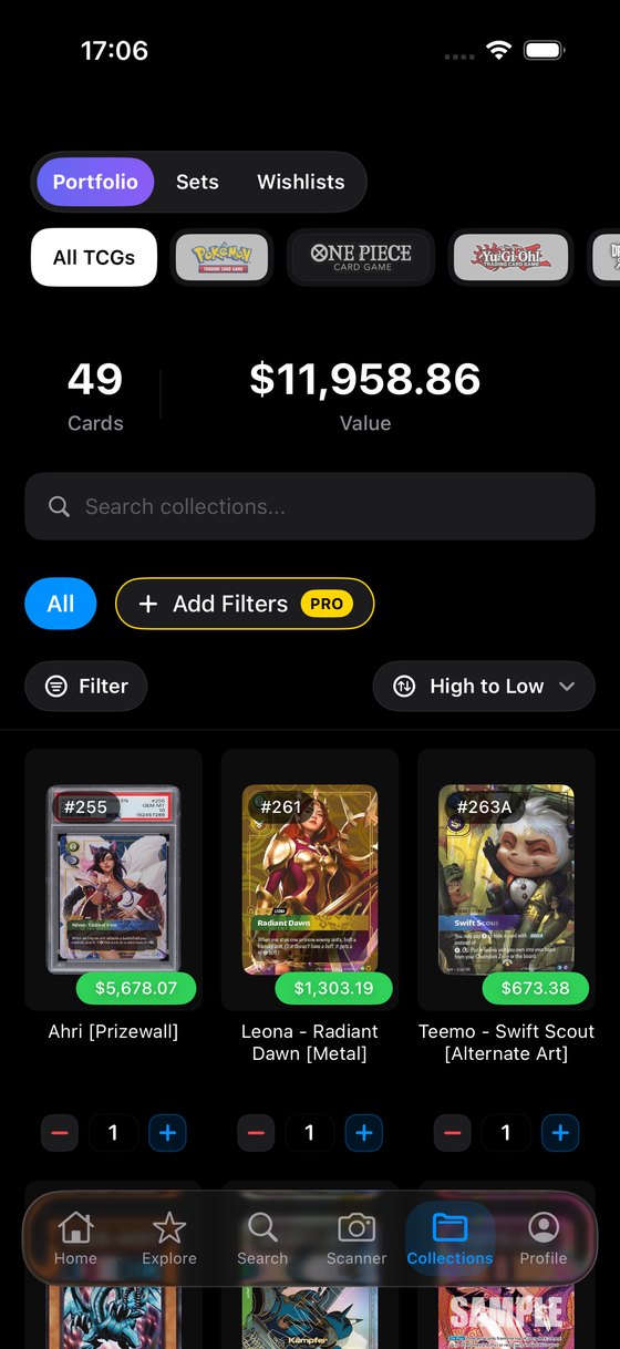 Portfolio screen with a game filter, total collection value and individual card prices