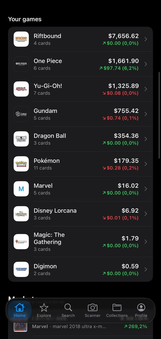 Home screen listing each game you collect with its own total value